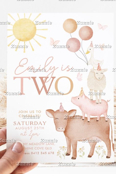 🏷️$2.09 📢Before Discount - 🎁 Barnyard Farm Animals 2nd Birthday Party - A cute farm themed 2nd birthday invitation for your little girls birthday party. Our design features cute watercolour cow, pig, sheep and duck with balloons, sun, flowers and butterflies in earthy pinks and browns.  🥳🎉🥂🎁🔥 farm birthday, barnyard invitation, girls farm invitation, cow invitation, cute farm invitation, farm animal party, farm animals invitation, farm 2nd birthday, farm 2nd birthday invitation, girls 2nd b Farm Animal Themed 2nd Birthday Party, Farm Animals 2nd Birthday Party, Simple 2nd Birthday, Animals 2nd Birthday Party, Watercolour Cow, Farm 2nd Birthday, Farm Animals Invitations, Farm Invitation, Animal Birthday Invitation