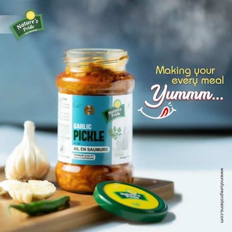 Spices are never enough for us. Add pickle to your every meal & make it more delicious than ever. Pickle Brands, Coffee Display, Lime Pickles, Golden Chicken, Pickled Garlic, Food Art Photography, Jar Design, Graphic Design Photoshop, Food Poster Design