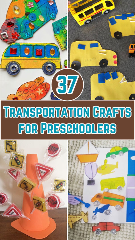 Image showcasing colorful transportation-themed crafts for preschoolers, including paper cars, cardboard trains, and a DIY airplane project made from recycled materials, arranged on a bright, playful background. Transportation Safety Preschool, Transportation Science Preschool, Transportation Art Activities, Car Crafts For Kids Preschool, Transportation Art Preschool, Transportation Preschool Crafts, Transportation Crafts For Preschoolers, Transportation Crafts For Toddlers, Preschool Transportation Crafts