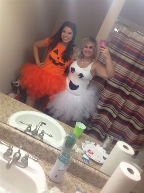 Pumpkin and Ghost costume #adult #tutu #halloween Ghost Costume Women, Costumes For Work, Costume Concepts, Pumpkin And Ghost, Halloween Social, Pumpkin Halloween Costume, Halloween Coustumes, Halloween Tutu, Holloween Costume