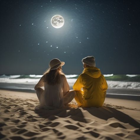 A couple sitting on the seashore at night under the moon and stars Couple Under The Moon, Sitting Under The Stars, Couple Beach Pictures, Chocolate Dishes, Couple Sitting, The Moon And Stars, Couple Sketch, Beach At Night, Night Couple