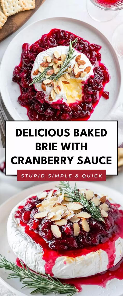 Image for Delicious Baked Brie with Cranberry Sauce Brie Dinner Ideas, Dinner Recipes Using Brie Cheese, Brie Crockpot Recipes, Cranberry Brie Recipes, Cranberry And Brie Appetizer, Christmas Brie Appetizers, Recipe Using Brie Cheese, Christmas Baked Brie, Brie Cranberry Appetizer