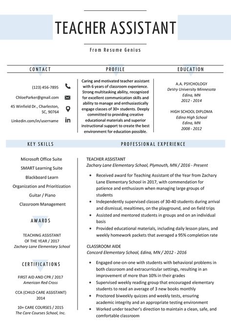 Teacher Assistant Resume Sample & Writing Tips | Resume Genius #educationassistant Teaching Resume Examples, Preschool Teacher Resume, Elementary Teacher Resume, Teacher Cv, Teacher Job, Teacher Resume Examples, Teacher Career, Teaching Resume, Education Resume