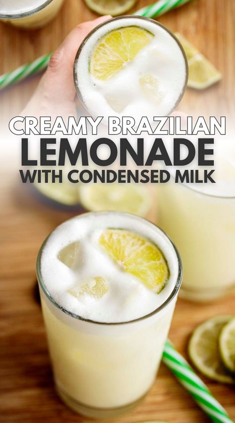 Glass of brazilian lemonade with condensed milk. Brazilian Lemonade Recipe, Brazilian Limeade, Good Lemonade Recipe, How To Make Lemonade, Brazilian Lemonade, Limeade Recipe, Homemade Lemonade Recipes, Fun Summer Drinks, Quick Breakfast Recipes