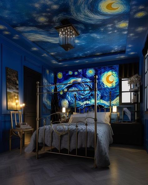 Van Gogh Ceiling, The Starry Night Aesthetic, Ceiling Painting Ideas, Starry Night Room, Unique Room Ideas, Starry Night Bedroom, Bedroom Mural, Fall Ceiling, Starry Night Art