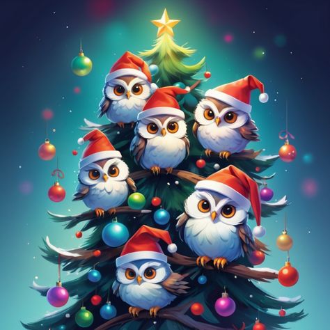 These six adorable owls, all wearing festive Christmas hats, are nestled perfectly in a decorated Christmas tree! A heartwarming and cute holiday scene that brings charm and joy to the season. #ChristmasOwls #FestiveFun #HolidayDecor Spreading Christmas Cheer, Adorable Owls, Owl Christmas, Cute Owls, Owl Wallpaper, Christmas Hats, Owl Party, Christmas Owls, Owl Painting