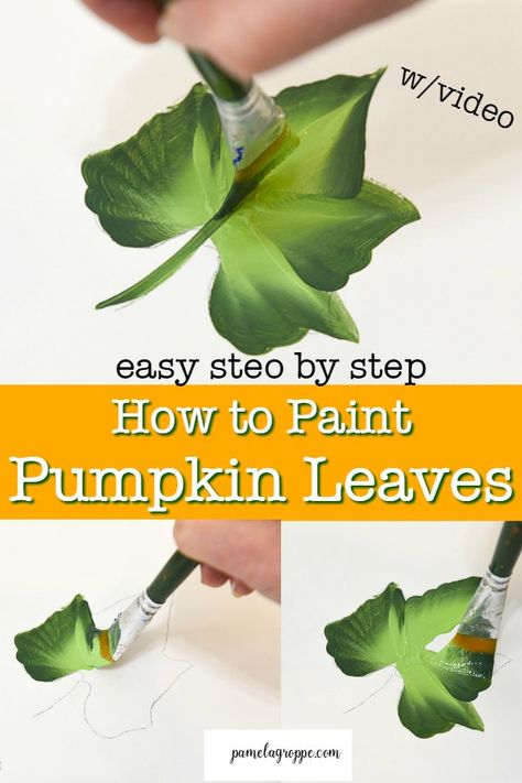 How to Paint Pumpkin Leaves to use with my Pumpkin Painting lessons. Paint them on Fall DIY signs, crafts, printables and easy canvas painting. I took actual pumpkin leaves to create the pattern so you get an authentic look. A free video is included and you get the printable pattern! #beginnerpainting #diysigns #decorativepainting Diy Pumpkin Painting Canvas, Fall Canvas Painting Ideas Easy Diy Step By Step, How To Paint Pumpkins On Canvas, How To Paint Fall Leaves, How To Paint A Pumpkin On Canvas, Tole Painting Patterns Free Projects, Painting Pumpkins On Canvas, Fall Paintings Ideas, How To Paint A Pumpkin