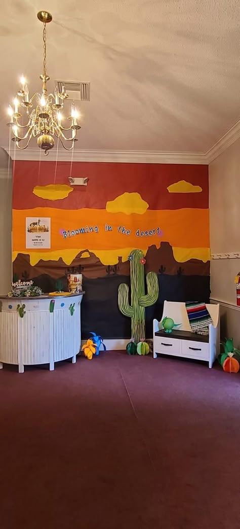 Desert Party Theme Decor, Vbs Monumental Decorations, Western Themed Vbs, Rodeo Classroom Theme, Western Theme Vbs Decorations, Monumental Vbs 2022 Decorations, Desert Decoration Ideas, Desert Bulletin Board, Cowboy Classroom Theme