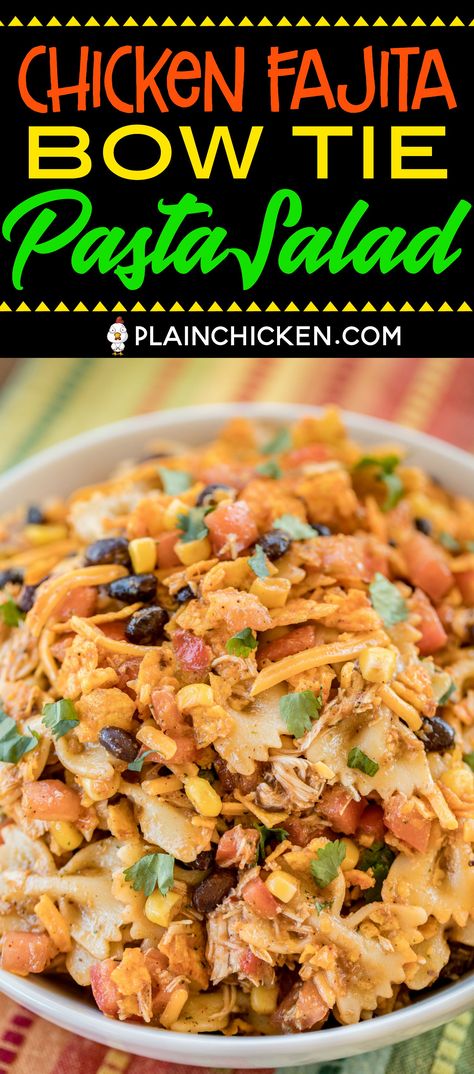 Doritos Chicken Fajita Bow Tie Pasta Salad - crazy good!! Chicken and bow tie pasta tossed with lime juice, cumin, chili powder, cilantro, olive oil, corn, tomatoes, black beans, salsa, cheese and Doritos! Can make without the chicken and serve as a side dish. Great for summer potlucks! #pastasalad #mexican #chickenrecipe #easyrecipe #nobakerecipe Chicken And Bow Tie Pasta, Bow Tie Pasta Salad, Fajita Pasta, Bowtie Pasta Salad, Chicken Fajita Pasta, Bow Tie Pasta, Resep Pasta, Resep Salad, Salad Pasta