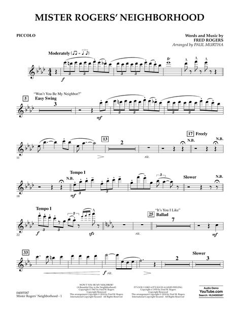 Fred Rogers Mister Rogers' Neighborhood (Arr. Paul Murtha) - Piccolo $6.99 Piccolo Sheet Music, Piano Sheet Music Letters, Mister Rogers Neighborhood, Ingrid Michaelson, Music Letters, Mister Rogers, Fred Rogers, Flute Sheet Music, Flute Music