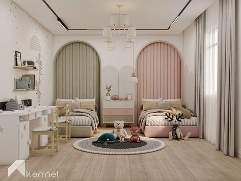 Children Bedroom on Behance Childers Room Design, Twin Bed Kids Room, Two Children Bedroom, Twins Bedroom Ideas, Modern Twin Bedroom, Twin Kids Bedroom, Bedroom For Twins, Twin Bedroom Design, Modern Children Bedroom