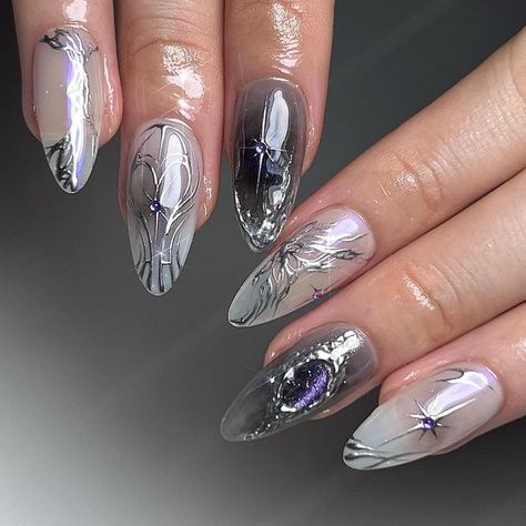 Summer nails 2023 Purple And Silver Nails, Concert Nails, Hippie Nails, Galaxy Nails, Cute Nail Art Designs, Grunge Nails, Her Nails, Pretty Gel Nails, Silver Nails