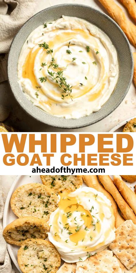 This Whipped Goat Cheese is a delicious and creamy appetizer dip or spread you can easily make at home in 5 minutes. It has a distinct mild, tangy flavor with a light, fluffy, and spreadable texture that goes perfectly with your favorite snacks and savory dishes. There’s no easier way to add some zing to your meals than with this simple dip. It’s hard to enjoy a plain store-bought cheese spread ever again. | aheadofthyme.com #whippedgoatcheese #goatcheese #cheesedip via @aheadofthyme Goat Cheese Ranch Dip, Goat Cheese And Jam Appetizer, Whipped Goat Cheese Recipes, Goat Cheese Buttercream, Goat Cheese Queso Dip, Creamy Goat Cheese Dip, Goat Cheese Dip Easy, Savoury Dips Recipes, Ways To Eat Goat Cheese