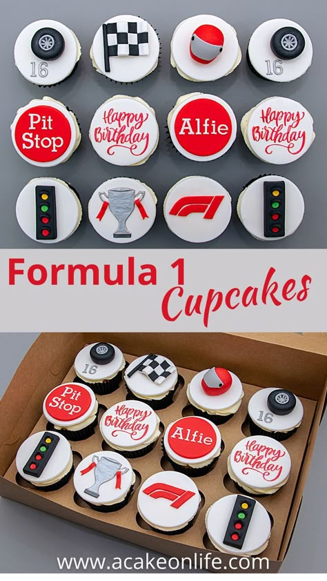 12 F1 themed cupcakes Traffic Light Cake, Formula 1 Birthday, Formula 1 Party, F1 Cake, F1 Birthday, F1 Party, Ferrari Cake, Cupcake Topper Ideas, Cupcake Design Ideas