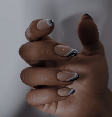 Black White And Grey Nails, Gray French Tip Nails, Grey French Tips, Grey French Tip Nails, Round French Tips, French Tip Design, Brown Nails Design, Black French Tips, Simple Flower Design