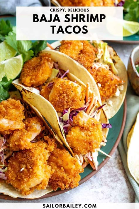 Baja Shrimp Tacos are crispy, served over creamy chipotle coleslaw. Ready in 30 minutes and easily a fan favorite everyone will love. These crispy shrimp tacos will be a summer staple.   via @sailor_bailey Baja Pork Tacos, Shrimp Tacos Crispy, Soft Shrimp Tacos, Fried Shrimp Tacos Easy, Crunchy Shrimp Tacos, Breaded Shrimp Tacos, Popcorn Shrimp Tacos, Chipotle Coleslaw, Fried Shrimp Tacos