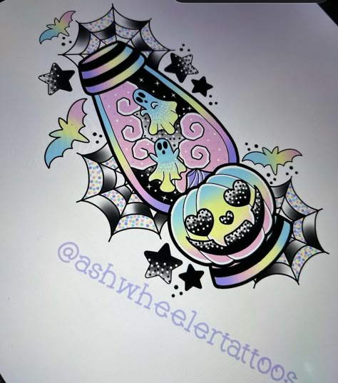 Goth Arm Tattoo, Cute Goth Tattoo, Goth Tattoo Ideas, Halloween Cute Wallpaper, Colorful Goth, Boss Tattoo, Spooky Doodles, Tattoo Drawing Ideas, Horror Drawing