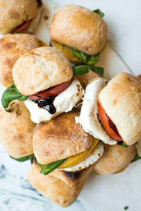 Caprese Sandwich Sliders Recipe | Reluctant Entertainer | Bloglovin’ Caprese Sliders Recipes, Simple Italian Salad, Caprese Sliders, Caprese Sandwiches, Caprese Sandwich Recipe, Sandwich Sliders, French Rolls, Simple Dishes, Caprese Recipes