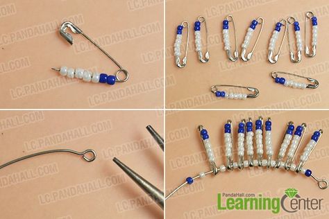 How to Make Tribal Style Chandelier Earrings with Safety Pins and Seed Beads- Pandahall.com Safety Pin Jewelry Patterns, Beaded Headdress, Chandelier Earrings Diy, Safety Pin Crafts, Head Dresses, Safety Pin Jewelry, Beaded Stuff, Indian Headdress, Safety Pin Earrings