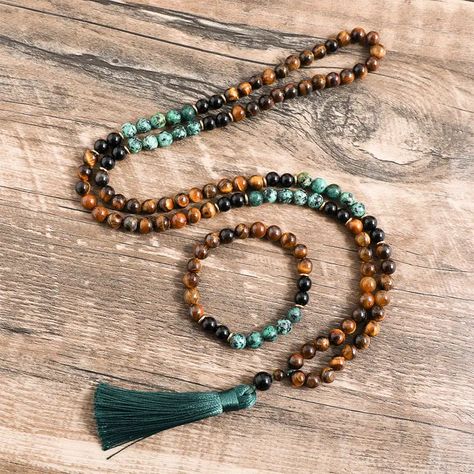 Tiger Eye Beaded Necklace Black Onyx Turquesa Africana Beads Necklace Jewelry - Temu Gemstone Accessories, Obsidian Necklace, Mala Bead Necklace, Beaded Tassel Necklace, Tigers Eye Necklace, 108 Mala Beads, Diffuser Jewelry, African Turquoise, Mens Jewelry Necklace