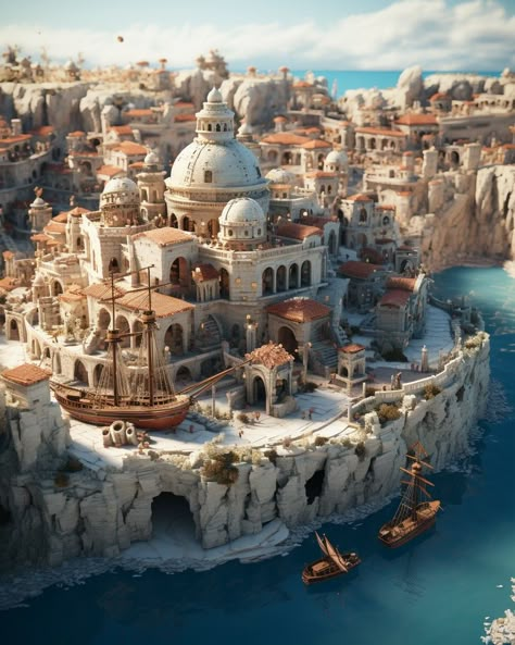 Island Kingdom Fantasy Art, Fantasy Beach Town, Port City Fantasy Art, Fantasy Coastal City, Fantasy Concept Art Environment, Beach Kingdom, Island Kingdom, Dnd Places, Castle City