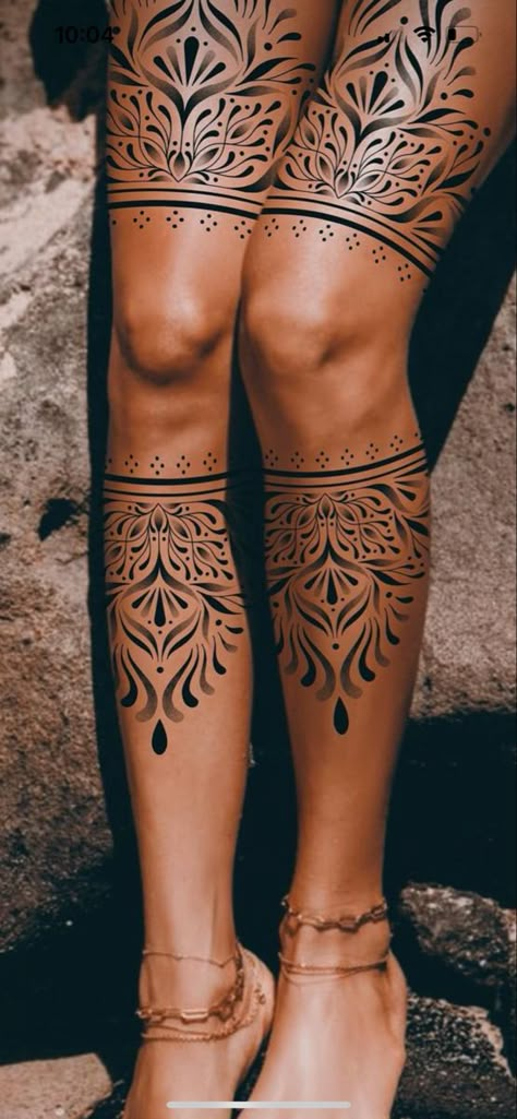 Thigh To Shin Tattoo, Knee And Shin Tattoos For Women, Boho Knee Tattoo, Ladies Calf Tattoo Ideas, Leg Lace Tattoo Design, Leg Tattoos Women Thigh Upper, Polynesian Tattoos Women Thigh, Front Shin Tattoo, Ornamental Thigh Tattoo