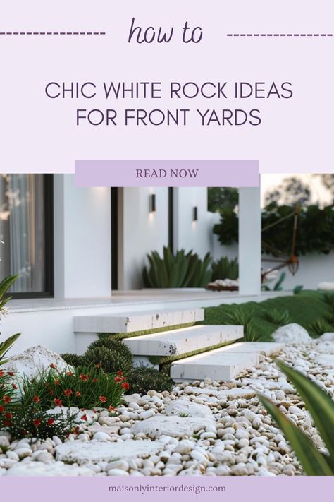 Explore chic white rock ideas for front yard landscaping. This pin features elegant white stones arranged attractively, showcasing ways to enhance your outdoor space while ensuring a stylish appearance. White Rock Landscaping Ideas, White Rock Landscaping, Minimalist Front Yard, White Gravel, Modern Outdoor Spaces, Rock Landscaping Ideas, Rock Landscaping, Front Yards, White Rock