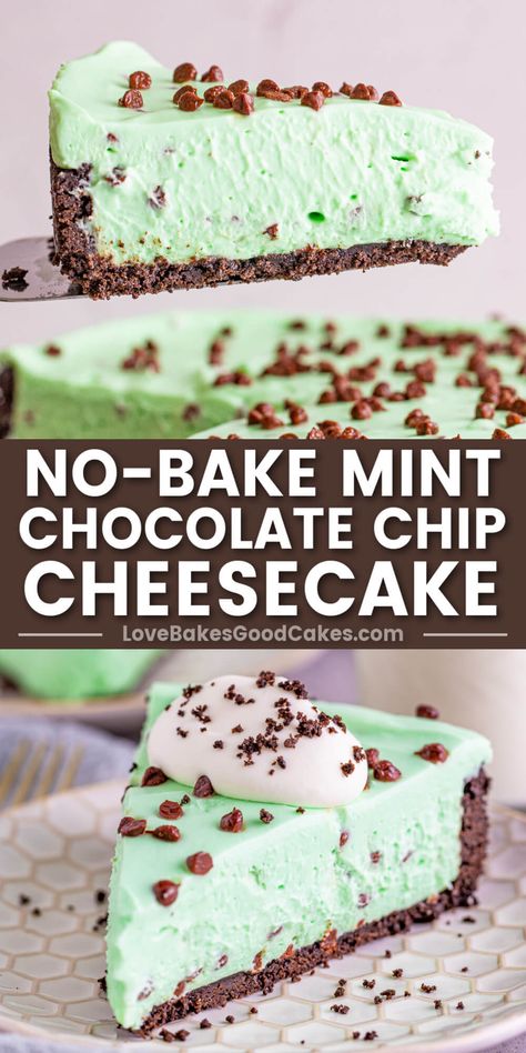 This No-Bake Mint Chocolate Chip Cheesecake is full of creamy mint-flavored cheesecake sprinkled with chocolate chips in a chocolate crust. This easy recipe is sure to be a favorite! Mint Choc Chip Cake, Mint Chocolate Chip Pie, Mint Chocolate Chip Cheesecake, Fun Cheesecake, Flavored Cheesecake, Fun Cheesecake Recipes, Mint Chocolate Desserts, Mint Chocolate Cheesecake, Rusk Recipe