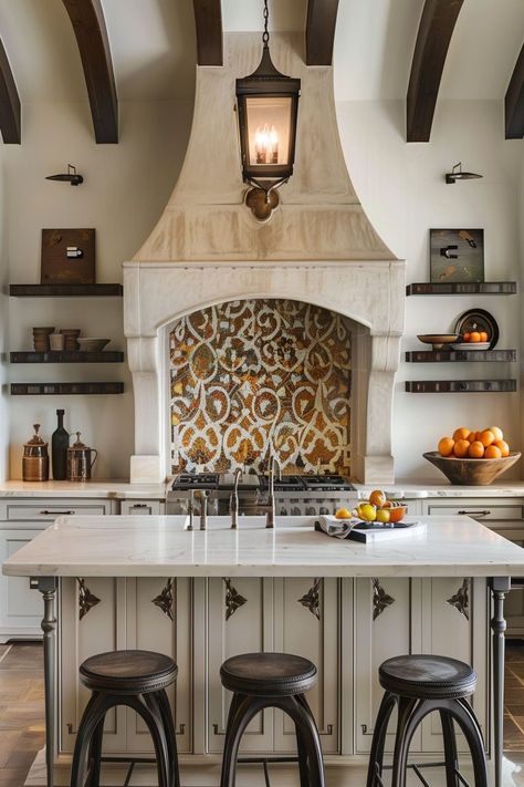 20 Spanish Mediterranean Kitchen Ideas - Remodr Spanish Backsplash, Spanish Mediterranean Kitchen, Mediterranean Kitchen Ideas, Mediterranean Kitchen Decor, Modern Spanish Style, Kitchen Light Fixtures, Spanish Kitchen, Spanish Home Decor, English Cottage Decor