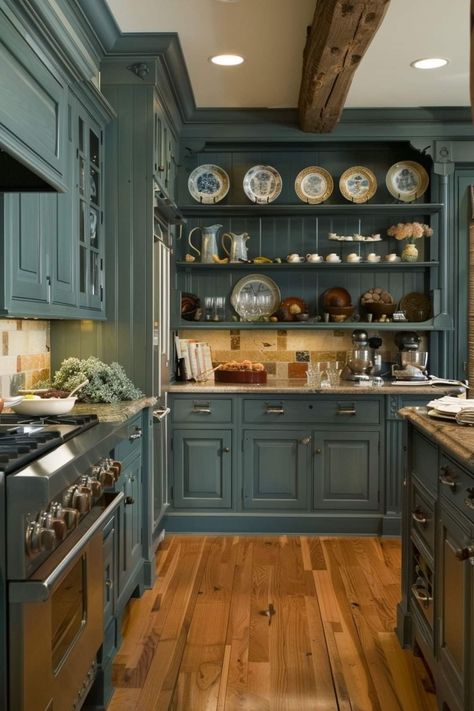 Blue Kitchen Aesthetic Vintage, Colonial Blue Kitchen Cabinets, Antique Blue Kitchen Cabinets, Blue Kitchen Cabinets, House Redo, Blue Kitchen, Blue Kitchens, Aesthetic Vintage, Vintage Kitchen