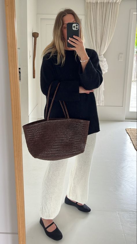 @shelleydown wearing black ballet flats, woven leather bag, textured cream knit pants and alpaca black jumper Dragon Diffusion Bag Outfit, Wicker Bag Outfit, Woven Bag Outfit, Cream Knit Pants, Dragon Diffusion Bag, Dragon Diffusion, Style Inspiration Classic, Woven Leather Bag, Black Ballet