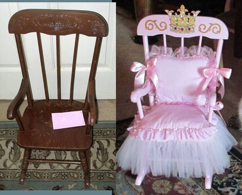 Princess rocking chair.                                                                                                                                                                                 More Princess Chair Decorations, Diy Princess Chair Ideas, Princess Playroom, Princess Chair, Kids Bedroom Organization, Kids Rocking Chair, Childrens Rocking Chairs, Rocking Chair Nursery, Princess Diy