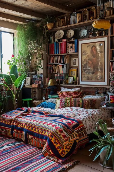 25 Bohemian Bedroom Ideas on a Budget - Roomy Retreat Funky Bedrooms, Colorful Bohemian Bedroom Decor, Circus Chic, Bohemian Bedroom Ideas, Dark Boho Living Room, Bedroom Ideas On A Budget, Eclectic Maximalism, Boho Style Bedroom, Budget Bedroom