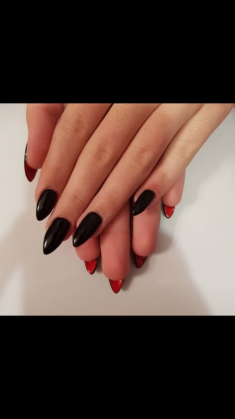 Red Nails With Black Bottoms, Black Nails W Red Under, Black Red Tip Nails, Matte Black Nails With Red Bottoms, Black Nail Red French Tip, Black With Red Underneath Nails, Red And Black Nails Simple, Black Nails Red Underneath, Black Nails With Red French Tip