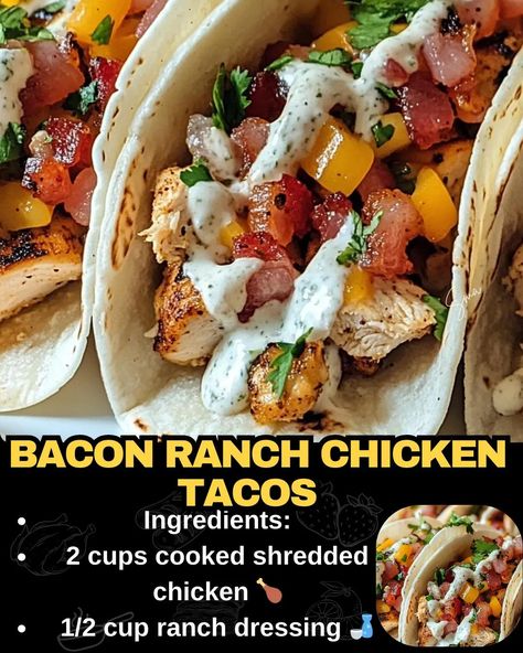 Bacon Ranch Chicken Tacos Bacon Ranch Chicken Tacos, Chicken Bacon Ranch Tacos, Bacon Tacos, Ranch Tacos, Ranch Chicken Tacos, Bacon Cheeseburger Meatloaf, Beef Tips And Noodles, Chicken Ranch Tacos, Bacon Ranch Chicken