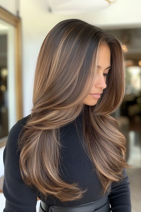 Explore the hottest dark caramel balayage styles of 2024 for a chic and stunning new look. Dive into top trends today! #CaramelBalayage2024 #SubtleBalayage #DarkHairGoals #FallBalayage #DimensionalHair #NaturalBalayage #BrunetteInspo #WarmHairTones #BalayageLovers #CaramelHighlights Milky Brown Highlights, Chocolate Hair Blonde Highlights, Chestnut Brown Hair Straight, Highlights Brown Hair Long Layers, Hair Inspo Brunette With Highlights, Dark Brown Honey Balayage, Dark Brown Carmel Hair Subtle Highlights, Caramel Layered Hair, Caramel Balayage With Layers