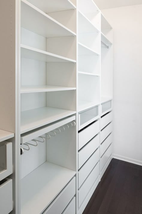 In this post, we’re sharing everything we learned building the Ikea PAX closet system, including: helpful tips for assembly ways we hacked the PAX for a custom size how to cover Ikea PAX holes alternative rod options must-have accessories to...Read More Ikea Pax Wardrobe Layout, Ikea Pax Closet Small Spaces, Narrow Walk In Closet, Inspiration Dressing, Walk In Closet Ikea, Narrow Closet, Ikea Closet Organizer, Ikea Pax Closet, Pax Closet