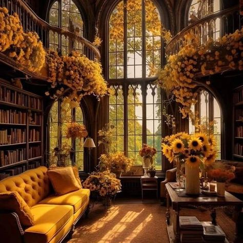 💛🌻 Yellow Library Aesthetic 💛🌻 #library #yellowlibrary Yellow Library, Gothic Home Interior, Cottage Library, Dark Academia Interior, Sunflower Room, Aesthetic Library, Cottage House Designs, Mansion Aesthetic, Fantasy Cottage