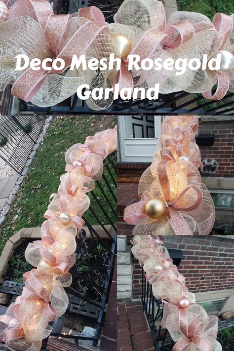 Deco Mesh Garland Diy, Deco Mesh Christmas Garland, Pink Christmas Garland, Seasonal Garland, Champagne Christmas Tree, Lighted Garland, Christmas Garland Mantle, Rose Gold Christmas Decorations, Mesh Garland