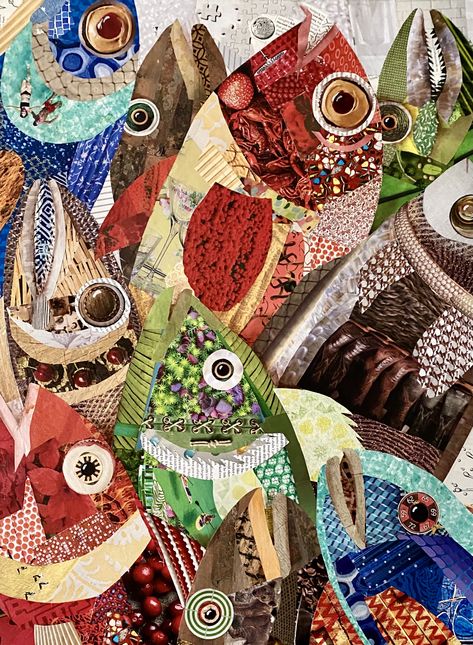 Kolaj Art, Fish Collage, Tea Bag Art, Fish Quilt, Textile Art Embroidery, Collage Art Projects, Paper Collage Art, Landscape Quilts, Fish Illustration