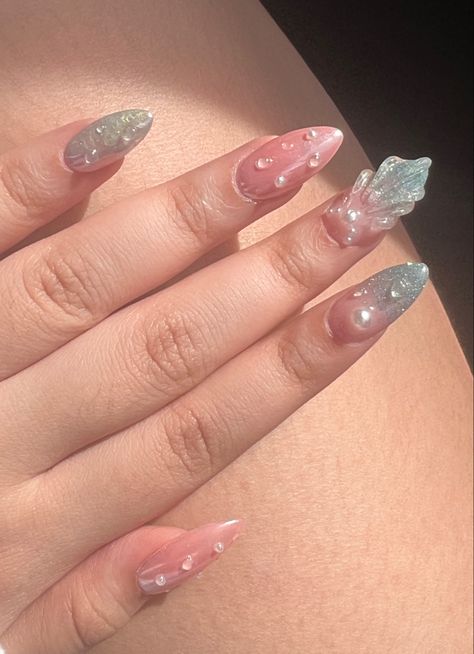 Navy Blue And Pearl Nails, Pink And Blue Beach Nails, Pink N Blue Nails, Blue Mermaid Nails, Pink Mermaid Nails, Jellyfish Nails, Pearly Nails, Skincare Board, Nails June