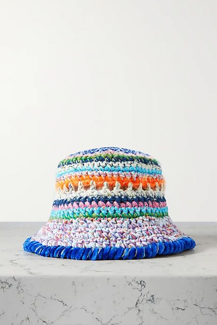 A multi-color crochet bucket hat. 2024 Crochet Trends, Crochet Bucket Hat Free Pattern, Crochet Hats For Boys, Net Sustain, Bucket Hat Pattern, Crochet Summer Hats, Hello Kitty Crochet, Summer Dressing, Crochet Hat For Women