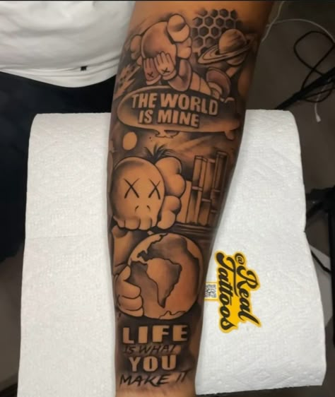 Kaws Sleeve Tattoo Ideas, Kaws Doll Tattoo, Kaws Tattoo Ideas Stencil, Kaws Tattoo Design, Kaws Tattoo Sleeve, Kaws Tattoo, Tattoos For Guys Forearm, Arm Tattoos For Guys Forearm, Safe Tattoo