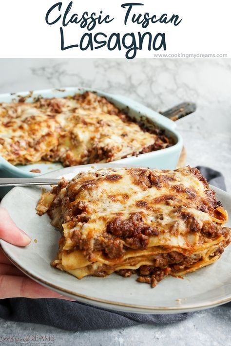 This is the classic Lasagna recipe, the same lasagna you would find on the table of many Tuscan and nothern Italian families for Sunday lunch or Holiday feasts. Made with Tuscan Ragù sauce, homemade Béchamel sauce and lots of Parmigiano cheese. It's simple, classic and so delicious! In this recipe you'll also find all the tips and instructions to make everything from scratch! Lasagna Recipe Traditional, Tuscan Lasagna, Lamb Lasagna Recipe, Loaded Lasagna, Lasagna Sauce Recipe, Authentic Lasagna Recipe, Lasagna Italian Traditional, Lasagna Ala Tuscany, Lazana Recipes Lasagna