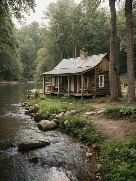 Cabin On The River, Forest Landscaping, Cozy Cabin Aesthetic, Painted Log Cabin, Small Lake Houses, Cabin Aesthetic, Cozy Homes, Lake Houses, River Cabin