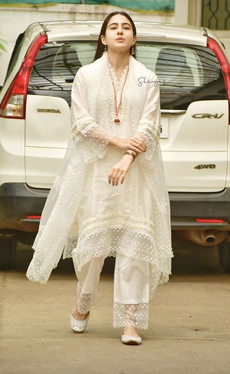 White Colour Suits For Women, Angrakha Suit, White Kurti, Modern Inspiration, Pakistani Clothes, Sara Ali Khan, Photo Upload, Hijabi Girl, Ali Khan