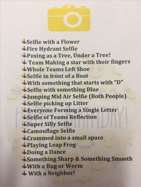 Selfie Scavenger Hunt for Emoji Party. Teams have 30 mins to complete as many as possible. Teen Scavenger Hunt, Selfie Scavenger Hunt, Spa Sleepover Party, Scavenger Hunt Ideas, Scavenger Hunt Birthday, Photo Scavenger Hunt, Emoji Birthday, Emoji Party, Scavenger Hunt For Kids