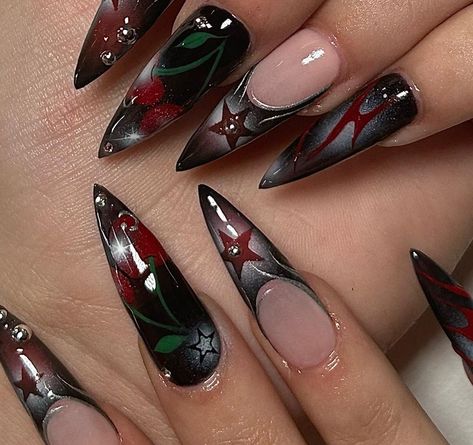 Chyna Glad (@nailzbychyna) | Instagram Nail Designs Grunge Aesthetic, Nail Ideas Concert, Kill Bill Nail Art, Pirate Acrylic Nails, Edgy Nails Grunge Street Styles, Red And Black Airbrush Nails, Red Black French Tip Nails, Planet Gem Nails, Nail Inspiration Grunge