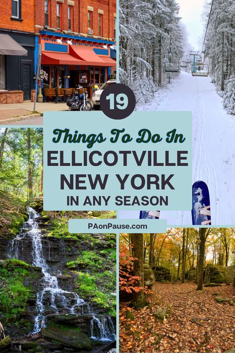 Ellicottville, NY is a small ski town in western New York that has lots of things to do all year round. We've found plenty of reasons to visit! With nearby hiking at Allegany State Park, unique shopping and eats around town, art, wine, and so much more, there's something for everyone. Read our complete guide to plan your visit. Western New York Things To Do, Western New York, Wellsville Ny, Winter Upstate New York, Ellicottville Ny, Things To Do In Catskills Ny, Allegany State Park New York, Allegany State Park, Salt Cave Spa