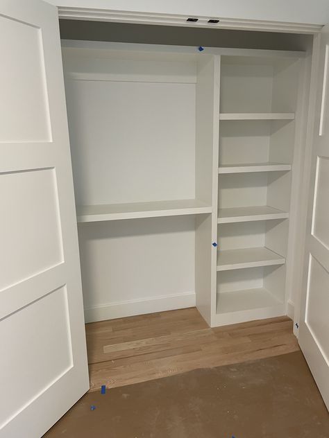 Space Between Vanity And Wall, Shelving For Bedroom Closet, Closet Design Layout Small Sliding Doors, Double Door Closet Organization, Small Built In Closet, Built In Closet Shelves, Closet Shelf Ideas, Hallway Built In Cabinets, Target Bookcase Closet Diy